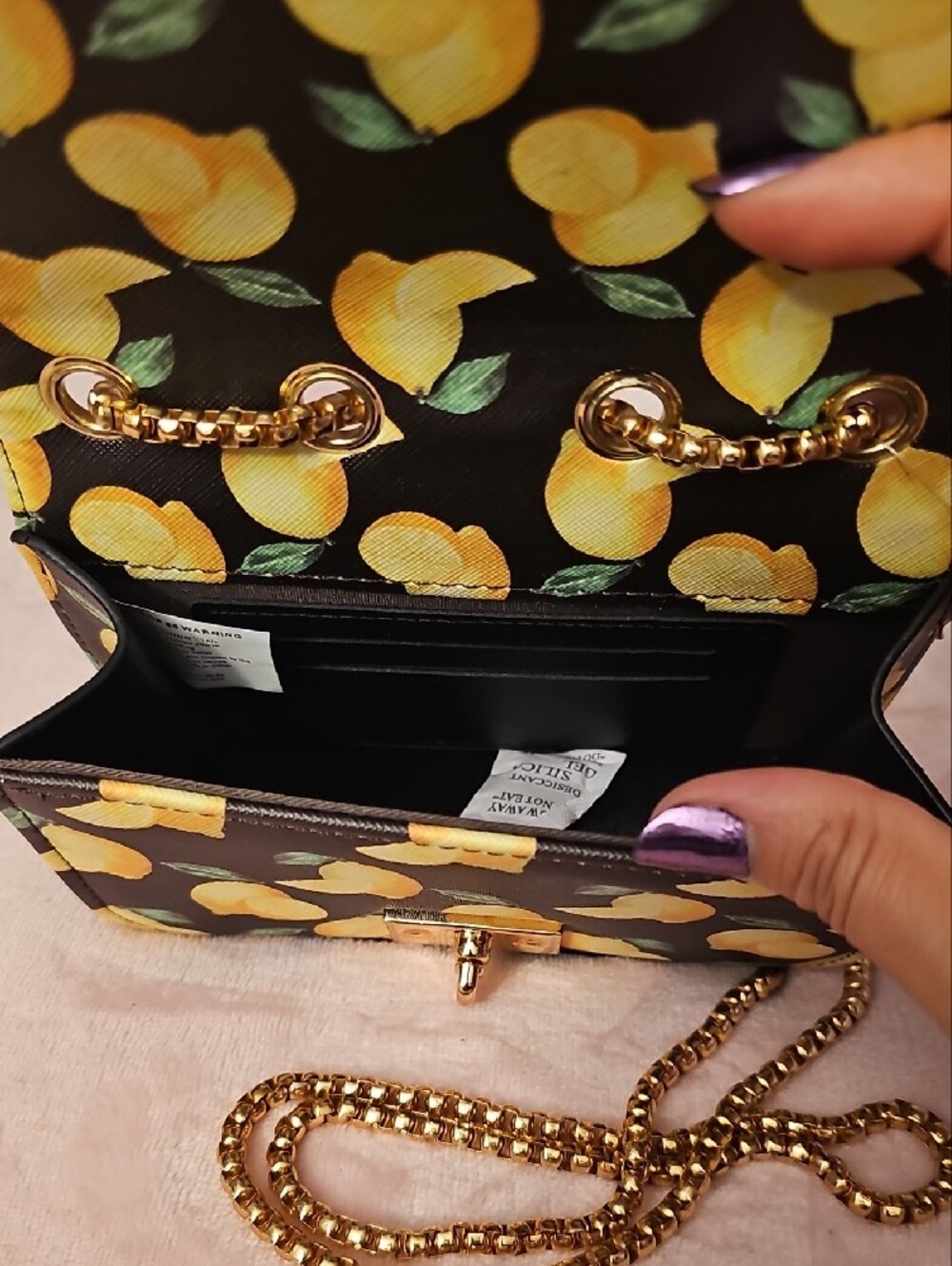 Black Lemon-Print Crossbody Bag with Gold Chain Strap -1 Free Bag Charm Included - Picture 6 of 7